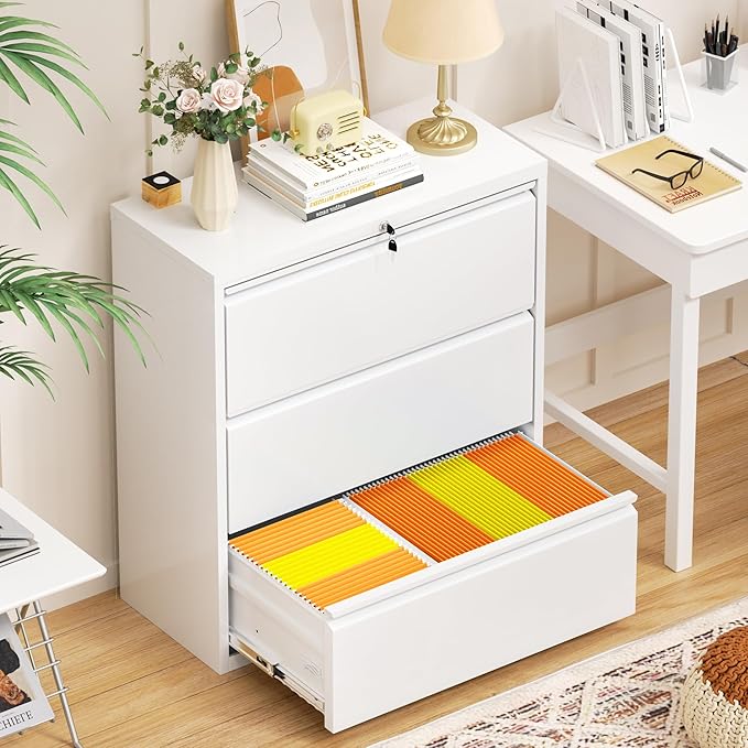 INTERGREAT 3 Drawer File Cabinet, Metal Lateral Filing Cabinet for Home Office, Locking Horizontal File Cabinets for Hanging Files Letter/Legal/F4/A4 (White)