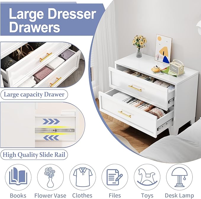 Dresser for Bedroom 2 Drawers, Metal Dresser Chest of Drawers, can be Used as Nightstand, Side Table, Under Desk Steel File Cabinet for Home Office Storage Small Size Files (White)