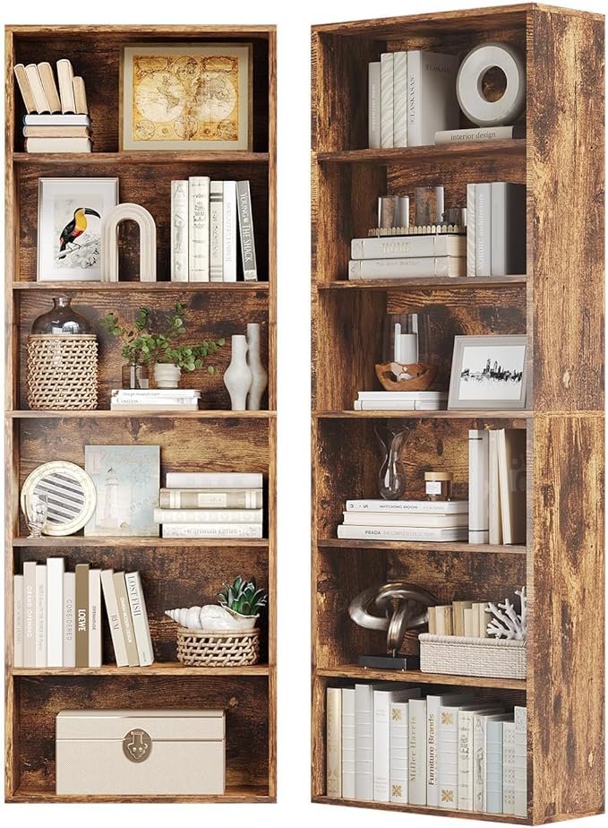 6-Tier Bookshelf & Bookcase Set of 2, Floor Standing Open Book Shelf, Wooden Display Storage Shelves with Anti-Tipping Device, 71" Tall Bookshelves for Bedroom, Living Room and Office, Brown