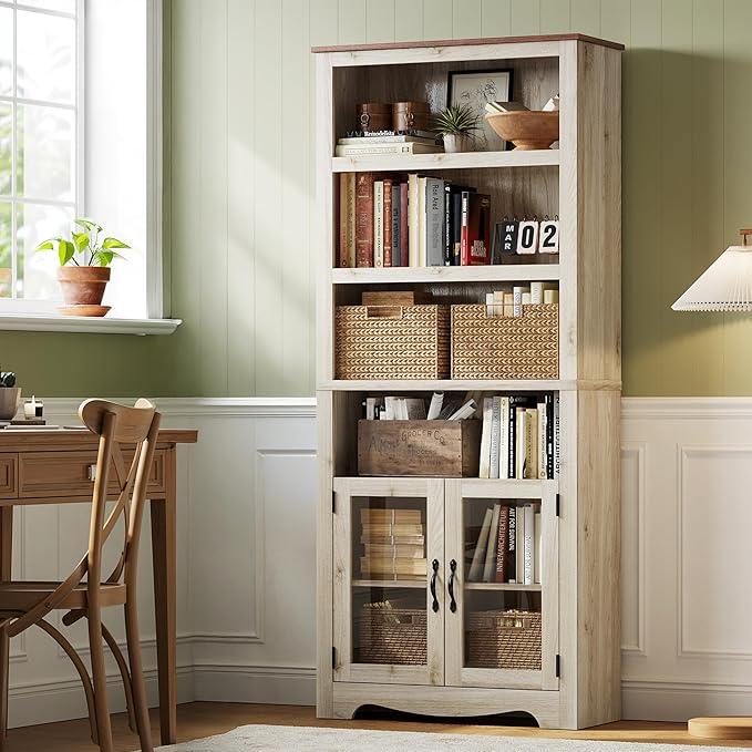 LINSY Bookshelf with Doors, 6 Shelf Bookcase Tall Bookshelves, 73" Farmhouse Book Shelf with Storage Cabinet, Wood Book Shelves for Living Room, Bedroom, Office, Rustic White