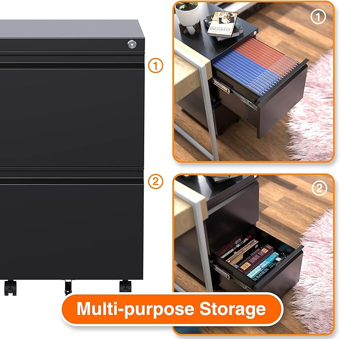 Aobabo 2 Drawer File Cabinet with Lock, Pre-Assembled Mobile Filing Cabinet Under Desk, Anti-Tilt Rolling Metal Office Storage for Letter and Legal Size, Black