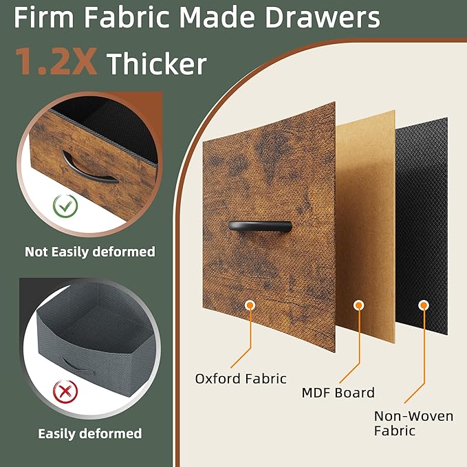 3 Drawer File Cabinet with Charging Station, 45''H, 3-Tier Filing Cabinet for Home Office, 11''*16'' for Small Printer, Fabric Drawer Fits Letter/A4, Tall Printer Stand, Rustic Brown