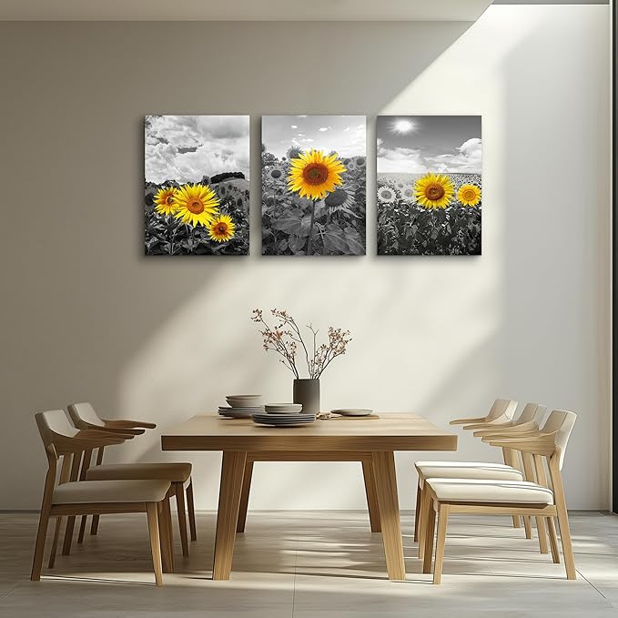 Large size Canvas Wall Art for Living Room family Bedroom wall painting Decoration,Bathroom Wall Decor kitchen Home Decoration Black and white sunflower flowerswall pictures artwork,16x24 3 piece
