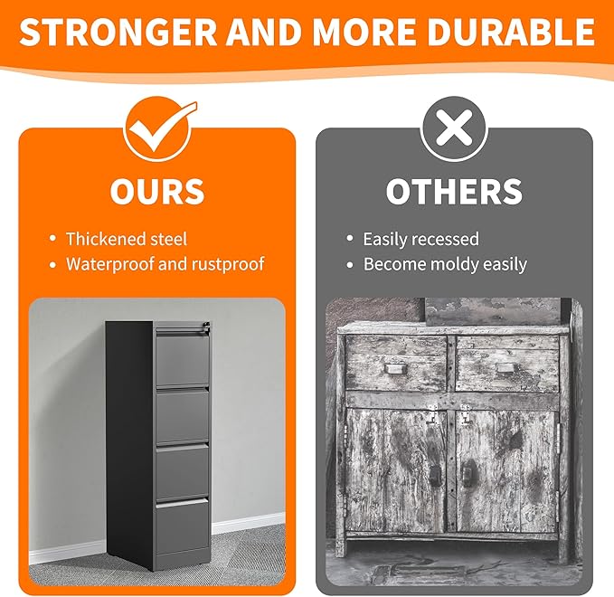 4 Drawer Metal File Cabinet with Lock Heavy Duty Lockable Filing Cabinets Home Office Steel File Cabinet Black Vertical File Cabinets for Legal/Letter Size File,Assembly Required