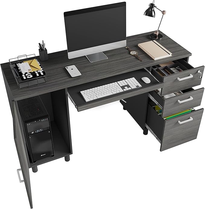 Modern Design Venice Computer Office Desk with 3 Locking Drawers and Storage Cabinet, 53 Inch Home and Office Executive, Black and Grey Desk with with Keyboard Tray by Crafts and Comfort