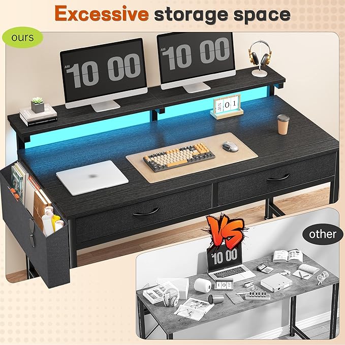 47.3Inch Gaming Desk with LED Lights with 2 Drawers, Home Office Desk Computer Desk with Side Pocket & Ergonomic Monitor Stand, Small Space Study Writing Table with Anti-Tip Design,Black