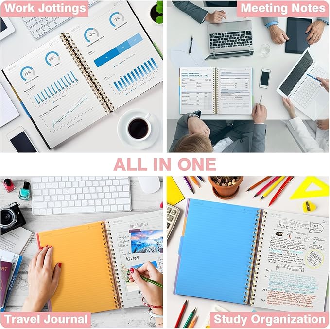 Spiral Notebook 8.5" x 11", 5 Subject Notebooks College Ruled with Removable Dividers, 300 Pages 100GSM Thick Spiral Writing Journal for Women & Men, Large A4 Lined Journal Notebooks for Work, School