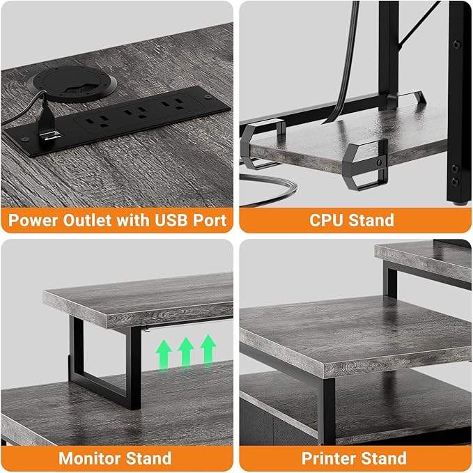 Unikito 70.8" Reversible L Shaped Computer Desk with Fabric File Drawers, Corner Desk with RGB LED Light & Power Outlets & Monitor Stand, Large Gaming Desk for Home Office Workstation, Black Oak