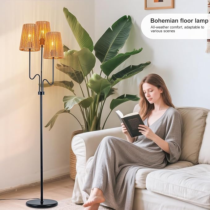 MAYNA Bohemian Floor Lamp, 68 in. Rattan Floor Lamp with Rattan Shade, 3-Light Tree-Shaped Stand Lamp for Bedroom, Nursery, E26 Socket, Living Room(Black)