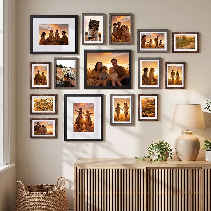 HappyHapi 15 Pack Picture Frames Collage Wall Decor, Gallery Frame Set for Mounting or Tabletop Display, Multi Sizes Including 3Pcs Black 8x10, 6Pcs Gray 5x7, 6Pcs Brown 4x6