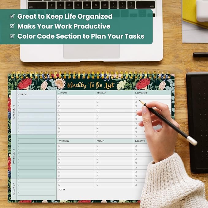 Weekly To Do List Notepad with 52 Undated Sheets(8.5"×11")- Undated Weekly Planner Notepad for Office Desk Accessories and Supplies - Sage Blossom
