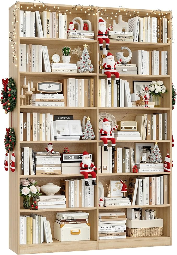 FACBOTALL 83.6" Tall Bookshelf and Bookcase, 7-Tier Extra Large Bookshelf with Double Storage, 14 Open Display Shelves for Home Office, Study and Living Room, Light Oak