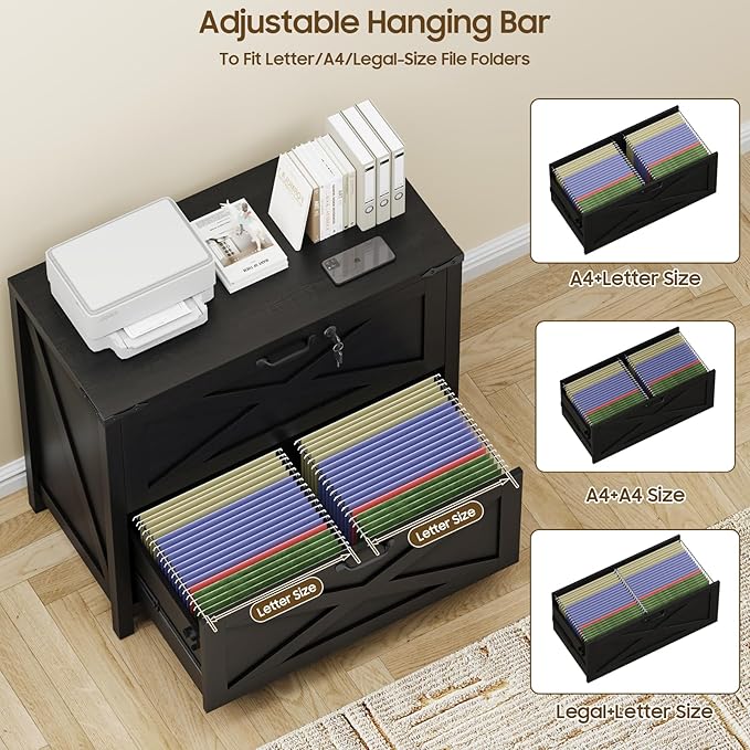 Farmhouse File Cabinet, Lateral Filing Cabinet with 2 Drawers with Lock for Letter/A4 Size Hanging Files, Large Wooden Printer Stand File Storage Cabinet for Home Office, Rustic Black