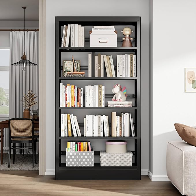 70.9" H Metal Bookshelf, Adjustable Bookcase, 5-Tier Heavy Duty Bookshelf with Bookend, Tall Bookshelves, Bookcase Shelf for Living Room, Office, Library,Classroom (Black-37.4W)