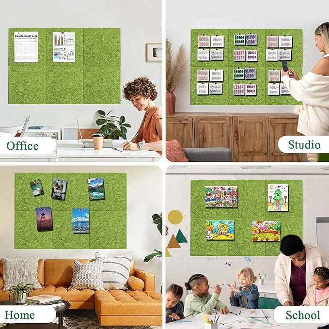 Green Felt Cork Tiles, 24" x 36" Large Cork Board, Bulletin Board for Christmas Decorations, 6 Pack Felt Boards with 30 Pushpins, Cork Boards for Office, Classroom, Home