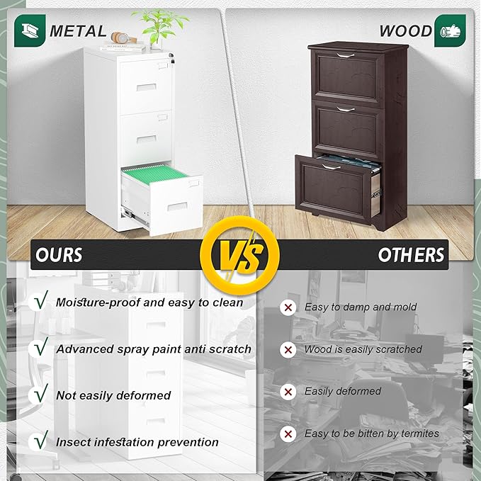 Superday 3 Drawer File Cabinets, 18” D Vertical File Cabinet with Lock, Locking Filing Cabinet for Home Office, White Metal Filing Cabinets for Hanging Letter/Legal Folders, Easy Assemble