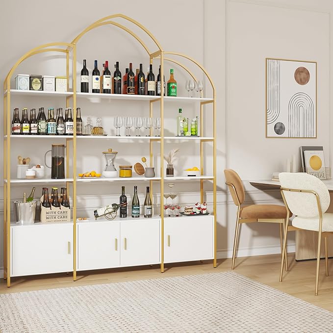 Semoic Arched Bookshelves and Bookcases: Triple Wide 5-Tier Large Open Bookshelf, Etagere Bookcase with Display Shelf for Home Office, White and Gold