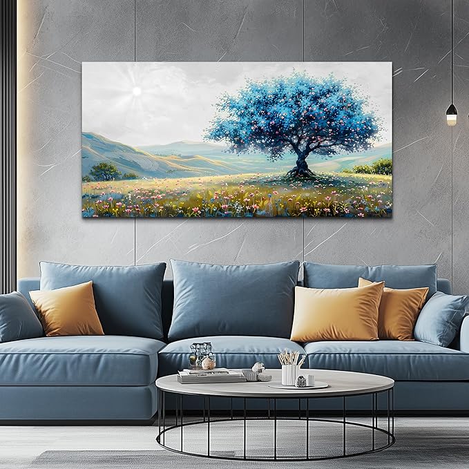 FUHAIHUA Canvas Wall Art For Living Room Modern Wall Decor For Bedroom Office Wall Decoration Pastoral Landscape Painting Blue Tree Pictures Artwork Ready To Hang Room Aesthetic Home Decor 20x40 In
