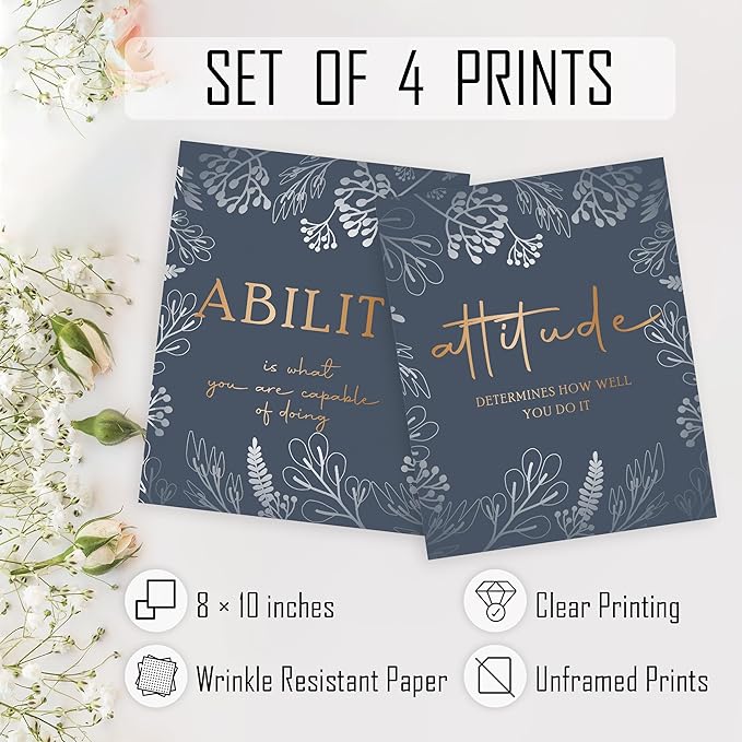 HRQKO Office Motivational Wall Art Poster Prints Set of 4, Inspirational Quotes, Gold Artwork for Walls, Affirmation Decor for Women Men 8"x10" Unframed