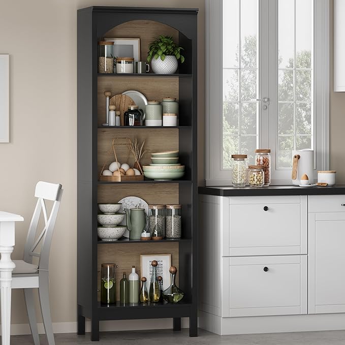 Arched Set of 2 Bookshelf with 5 Tier Open Shelves, 71" Tall Wood Bookcase with Adjustable Shelves, 24" Wide Floor Standing Display Storage Shelf for Home Office, Kitchen, Living Room, Modern Black