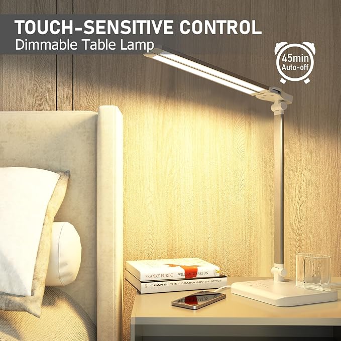 LED Desk Lamp Dimmable Table Lamp with USB Charging Port, 50 Lighting Modes, Adjustable Foldable Dual Swing Arm Architect Desk Lamp for Home Office, Eye-Caring Reading Lamp w/Pen Holder 45min Timer