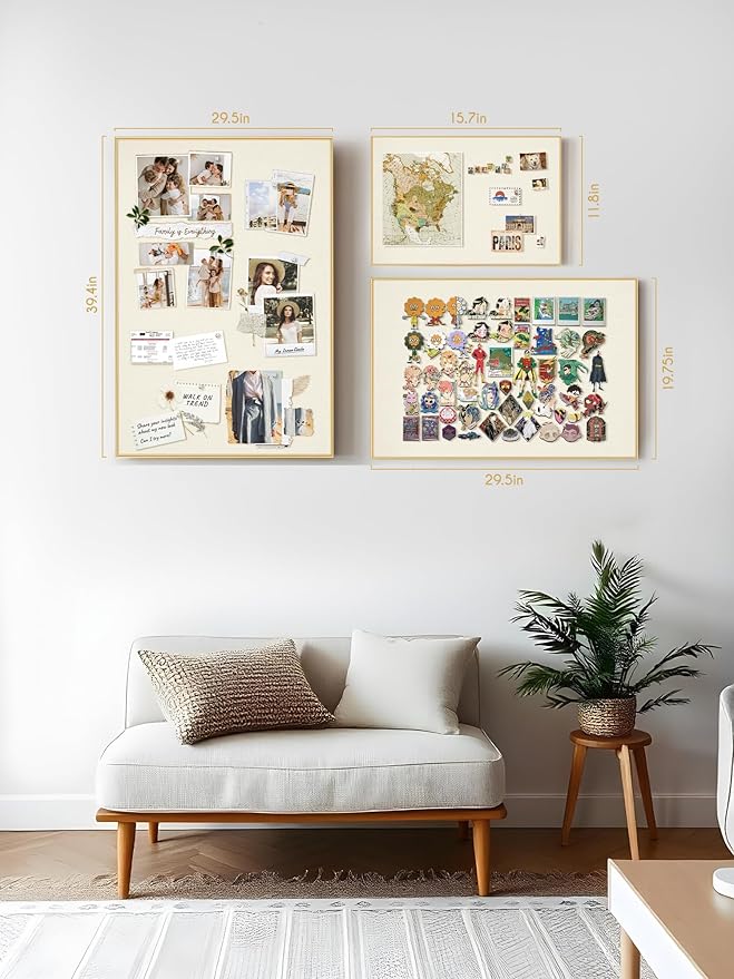 Bulletin Board 16 x 12 inches, Oatmeal White Pin Board, Golden Aluminum Framed Fabric Cork Board with 10 Push Pins