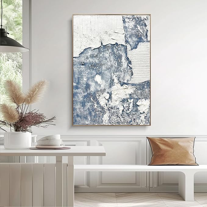 BrightA Office wall decorations with grand style. Large abstract hand-painted texture relief artworks, presenting the artistic charm of blue and white 35.4"x51.2"