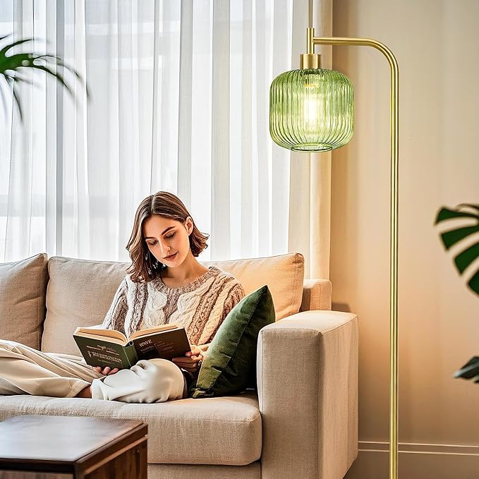 MAYNA Mid Century Modern Floor Lamp, Emerald Green Ribbed Glass Standing Lamp with Built-in Timer Switch, Gold Tall Vintage Lamps for Living Room Bedroom, 2700K LED Bulb Included