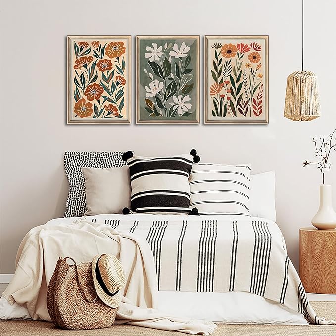 3pcs Abstract Boho Floral Canvas Wall Art Green Beige Flower Market Wall Decor Pictures Minimalist Colorful Botanica Posters Prints For Living Room Bedroom Office Home Decoration