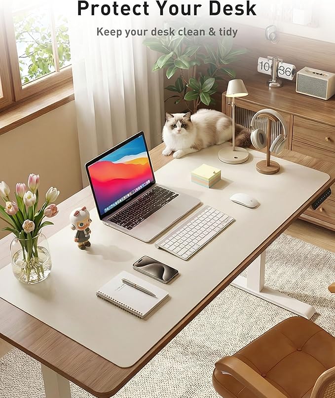 Aothia Faux Leather Desk Mat - Large Mouse Pad, Non-Slip PU Leather Blotter, Waterproof Writing Surface for Office and Home (Off-White, 40" x 24")