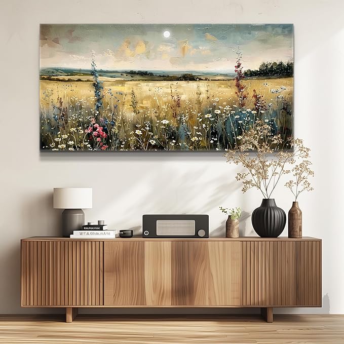 KELIYUAN Wall Art living Room Natural Field Landscape Painted Decor Vintage Meadow Wildflowers Modern Printed Artwork Bedroom Farmhouse Restaurant Office Home Decor Can Be Hung Directly 24x48 In
