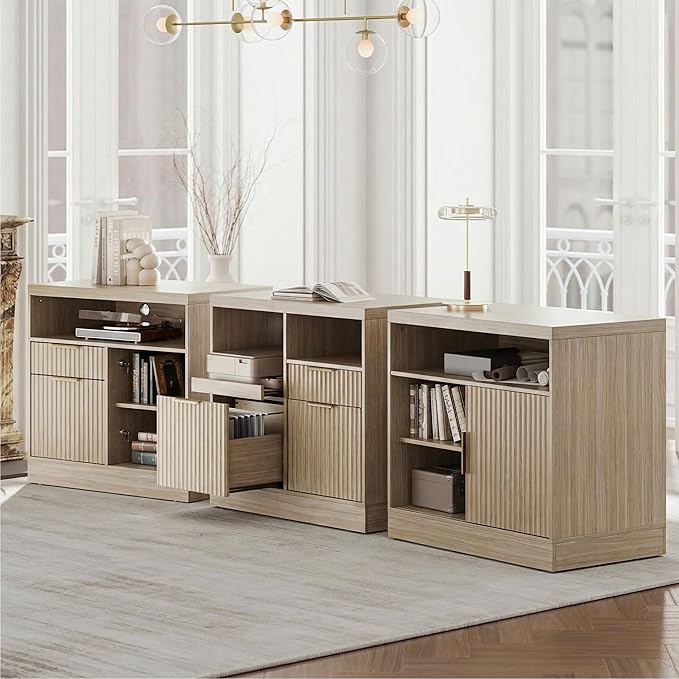 3 Drawer File Cabinet, Fluted Wood Lateral Filing Cabinet with Charging Station for Home Office, Fits for A4/Letter-Sized Files, Printer Stand with Open Storage Shelves, Natural Walnut
