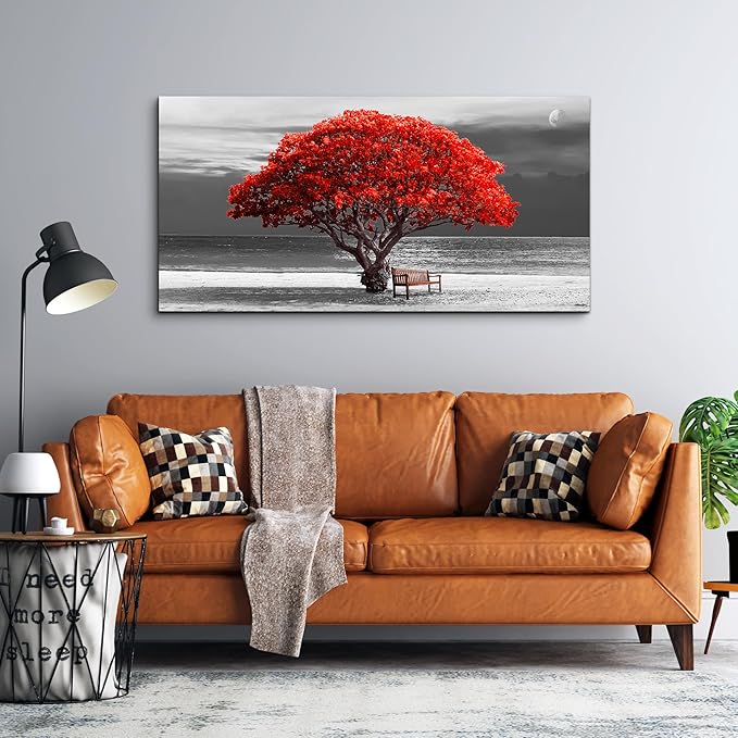 wall art for living room Decorations Photo Prints - panoramic black and white with red trees The moon Landscape - Modern Home Decor The room Stretched and Framed Ready to Hang artwork 20x40inches