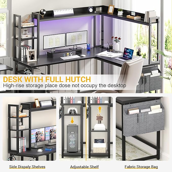 Aheaplus L Shaped Gaming Desk, Reversible L Shaped Desk with Power Outlet and Led Lights, Gaming Desks Corner Computer Desks with Hutch, Monitor Stand and Storage Bag for Home Office, Black