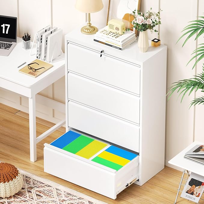 Oakcloud 4 Drawer File Cabinet for Home Office, Filing Cabinet with Lock, Metal Vertical File Storage Cabinet for A4/F4/Letter/Legal Size, Easy Assemble (36“-White)