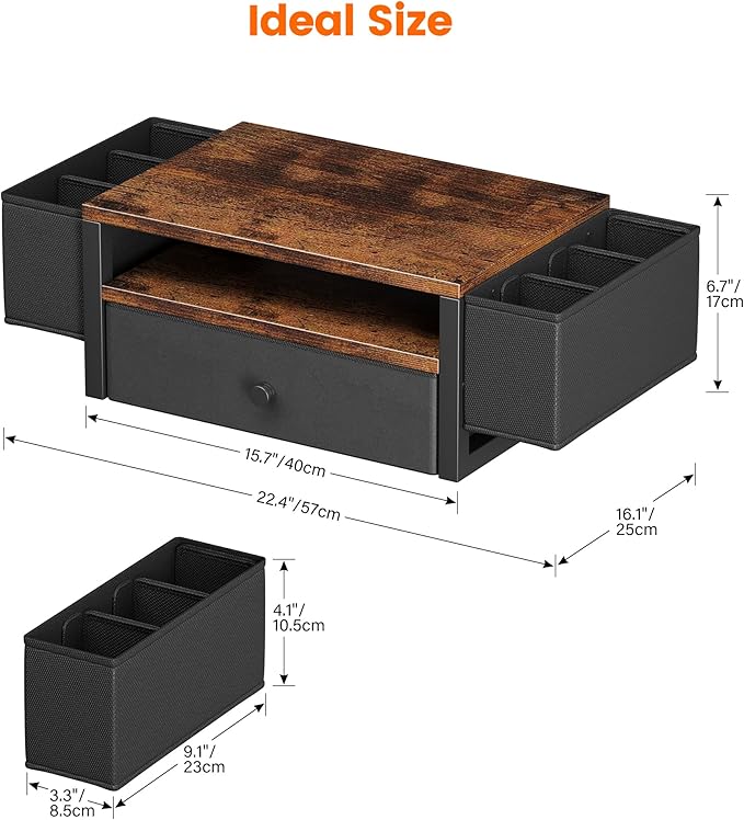 Homeiju Desk Organizers and Accessories, 3-Tier Computer Monitor Stand Riser with Fabric Drawer & 6 Pen Holder, Office Desk Accessories Workspace Desktop Organizer for Office Supplies, Rustic Brown