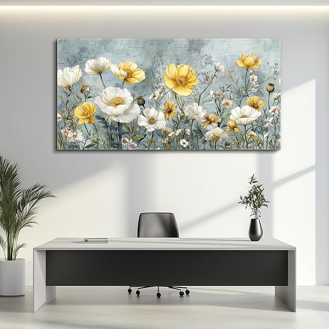 QIYILEXWART Canvas Wall Art For Living Room Large Wall Decor For Office Bedroom Decorations Yellow White Flowers Landscape Pictures Farmhouse Painting Artwork Room Wall Mural Aesthetic Home Decor 30x60 In