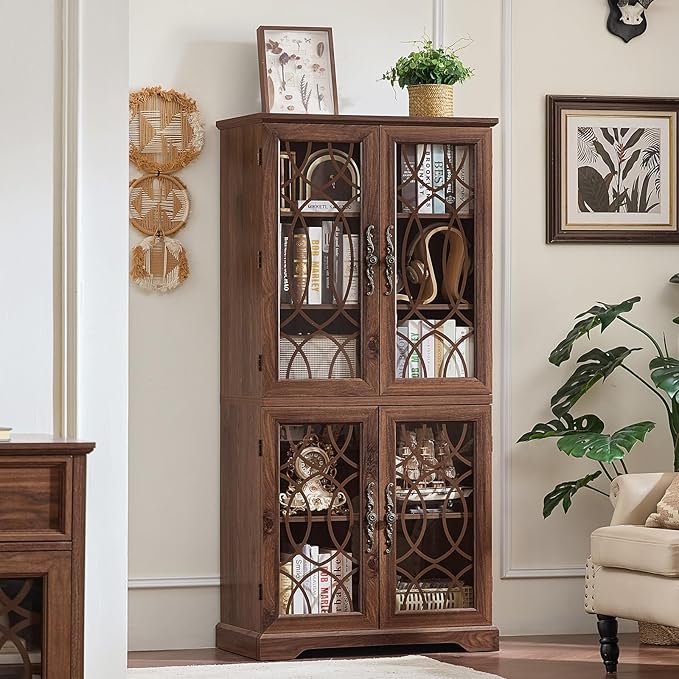 67" Tall Bookshelf, Vintage Book Shelf with Glass Doors, 5-Tier Wood Bookcase w/Adjustable Storage Shelves, Freestanding Rustic Curio Display Cabinet for Living Room, Office, Brown, 2PCS
