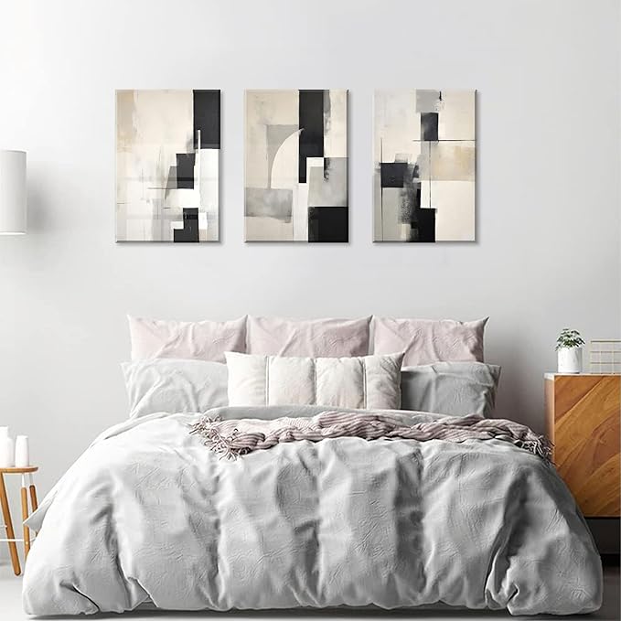 3Pcs Framed Neutral Abstract Canvas Wall Art Pictures Modern Minimalist Posters Prints Beige Black Brown Simple Wall Decoration for Living Room Bedroom Bathroom Office 12x16in