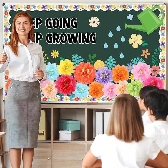 3D Spring Wildflowers Bulletin Board Set Keep Going Keep Growing Bulletin Board Paper Flowers Classroom Decorations Floral Blackboard Border Sunflower Cutout for Back to School Classroom Wall Decor