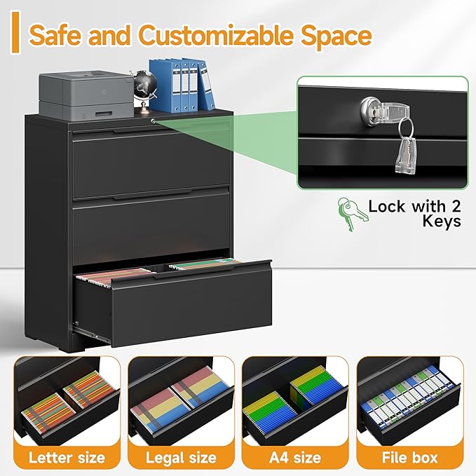 3 Drawer Lateral File Cabinet with Lock,Filing Cabinets for Home Office,Metal File Cabinet for Letters/Legal/A4 Size, Assembly Required,Black