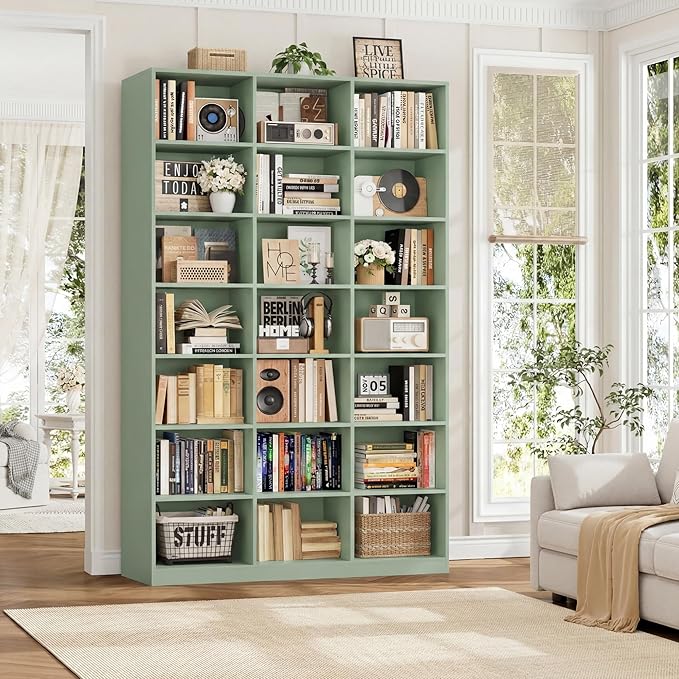 HOSTACK 86" H Triple Wide Bookshelf and Bookcase, 7 Tier Tall Bookshelf with Storage, Large Bookcase with 21 Open Display Storage Shelves, Wood Book Shelf Media CD DVD Storage for Living Room, Green