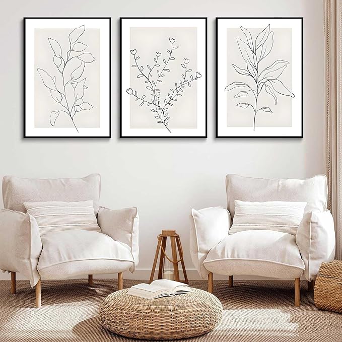3Pcs Neutral Botanical Wall Art Minimalist Abstract Botanical Line Canvas Posters Prints Modern Beige Boho Plant Paintings Wall Decor Pictures for Bedroom Living Room Home Decoration, Unframed