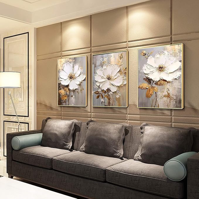 3 Piece Framed Canvas Wall Art for Living Room, Textured White Floral Abstract Oil Painting with Gold Frame, Modern Luxury Flower Wall Decor with Gold Gray Background for Bedroom Office 28x60 inches