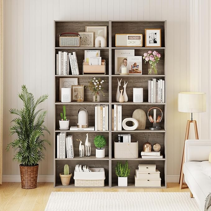 Giantex 6-Tier Bookcase Set of 2, 70" Tall Wooden Bookshelf, Freestanding Storage Organizer w/Open Shelves, Anti-Tipping Kits, Modern Floor Standing Display Shelves for Living Room,Grey