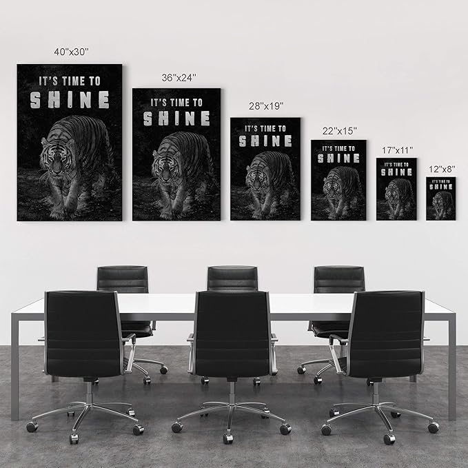 Smile Art Design It's Time to Shine Black and White Tiger Motivational Wall Art Canvas Print Inspirational Wall Art Entrepreneur Quote Modern Office Living Room Decor Gift Ready to Hang 40x30