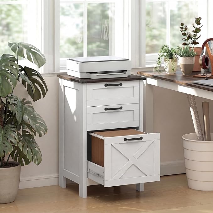 HOMCOM 3 Drawer File Cabinet with Silent Slides, Vertical Filing Cabinet for Hanging A4/Letter Size, Rustic Farmhouse Printer Stand with Storage for Home Office, Distressed White