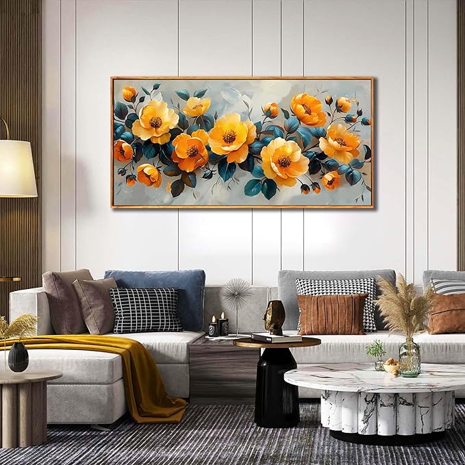 AOZEMI Yellow Wall Art Modern Artwork Blue Home Decorations Room Decor Flower Art for Living Room 29"x59"in Wall Pictures
