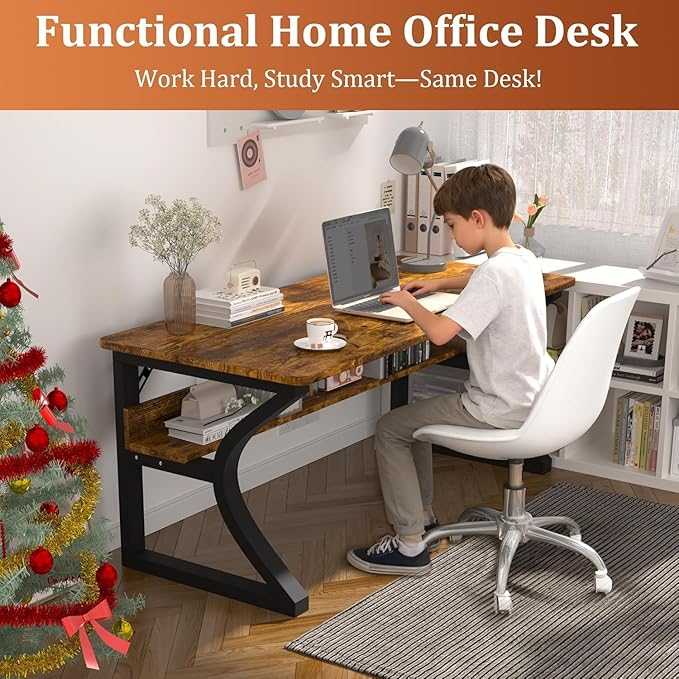 55 inch Computer Desk, Home Office Desk with Storage Shelf, Sturdy U-Shaped Metal Frame Study Table with Cable Management, Gaming Desk for Office & Bedroom
