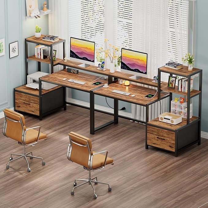 GreenForest Computer Desk with Drawers and Monitor Stand, Home Office Desk with Storage Shelves, Small Gaming Desk with Power Outlets and LED Lights for Study Writing Working, 51 inch Walnut